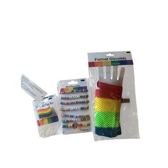 Pride Rainbow Accessory Lot LGBTQ+ Fishnet Glovelets Light Up Flag Pin Bracelets - Picture 1 of 4